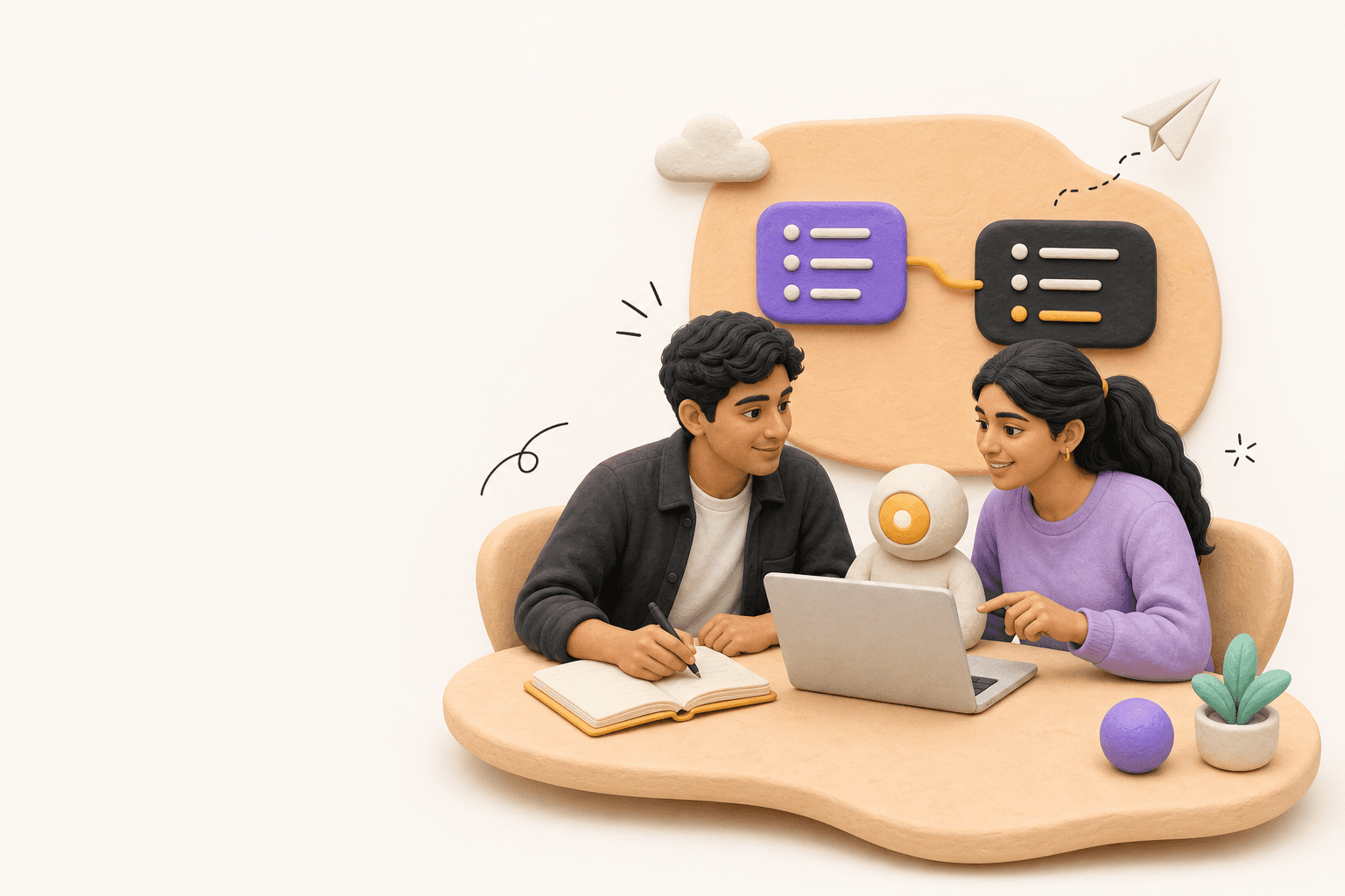 Two young Indian learners building an AI project together with a small friendly AI assistant.